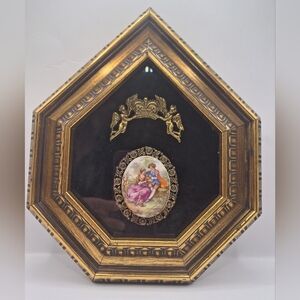 Vintage Wood Framed Limoges Signed Fragonard Courting Couple Porcelain Art Wall